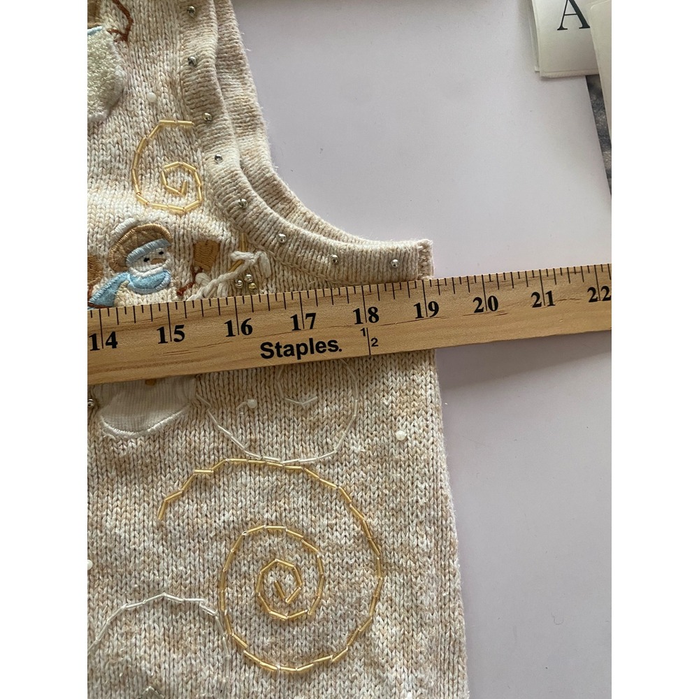 Erika Vintage Snowman Embroidered Beaded Sweater Vest Beige Womens Large Holiday - Picture 5 of 5
